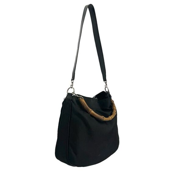 Gucci Classic Nylon Bag w Strap Authentic w Serial # Black Bamboo Handle Two Way - Picture 7 of 14